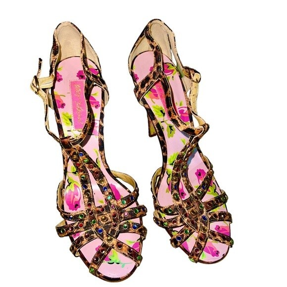 Betsey Johnson Vero Cuoio Strappy Leopard Print Rhinestone Heel Sandals Size 7 - Picture 3 of 9